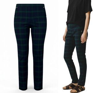 Anne Klein Pull On Slim Ankle Pants Size 14 Navy Green Tartan Plaid Stretch